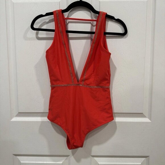 New Ellejay Swim wear Aubrey Red Orange Plunging V 1 Piece Bathing Suit Medium - Picture 2 of 10